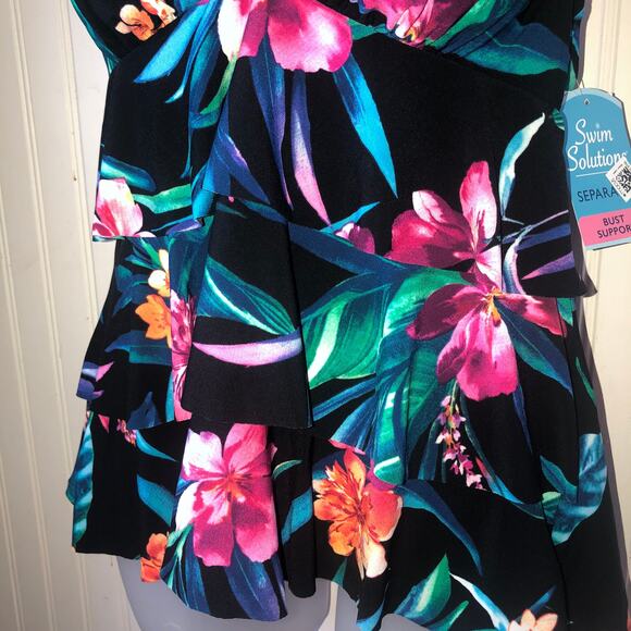 SWIM SOLUTIONS Retail $72 Black Floral Printed Tiered Halter Tankini Top Size 12 - Picture 3 of 5